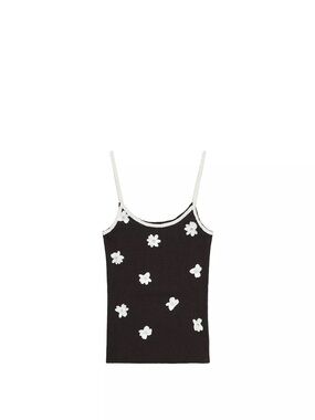 Zara Black Knit Cami Tank with White Floral Appliqués
